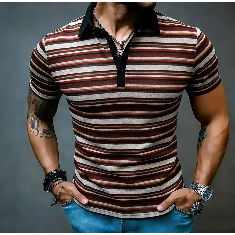 Camisa Polo Masculina Listrada de Tricô Vintage para Homem, Moda Verão 2026, Roupa de Golfe, Camiseta Masculina de Luxo