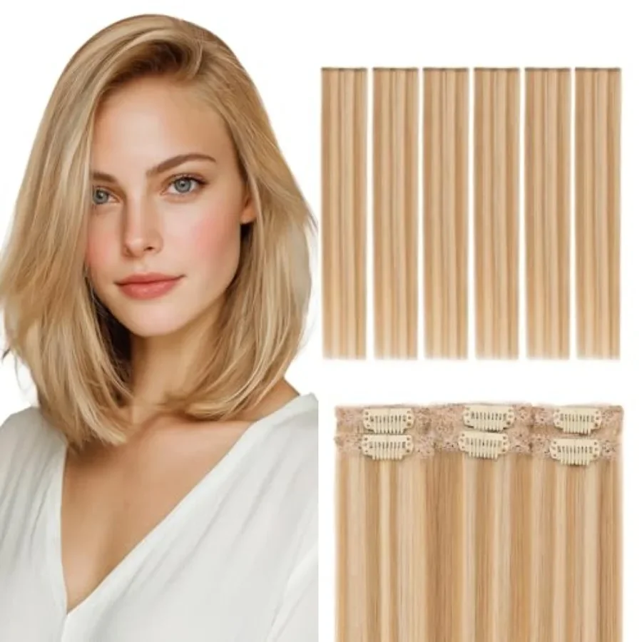 

Short Clip in Hair Extensions Real Human Hair 6PCS Lace Weft Remy Hairpieces for Women Adding Volume 10 Inch Golden brown and B