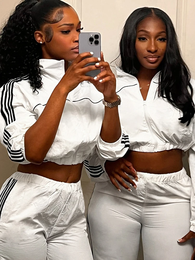 

Weird Puss Contrast Stripe Sporty 2 Piece Set Women Zip Cardigan Full Sleeve Crop Jacket+Straight Pants Daily Casual Tracksuits