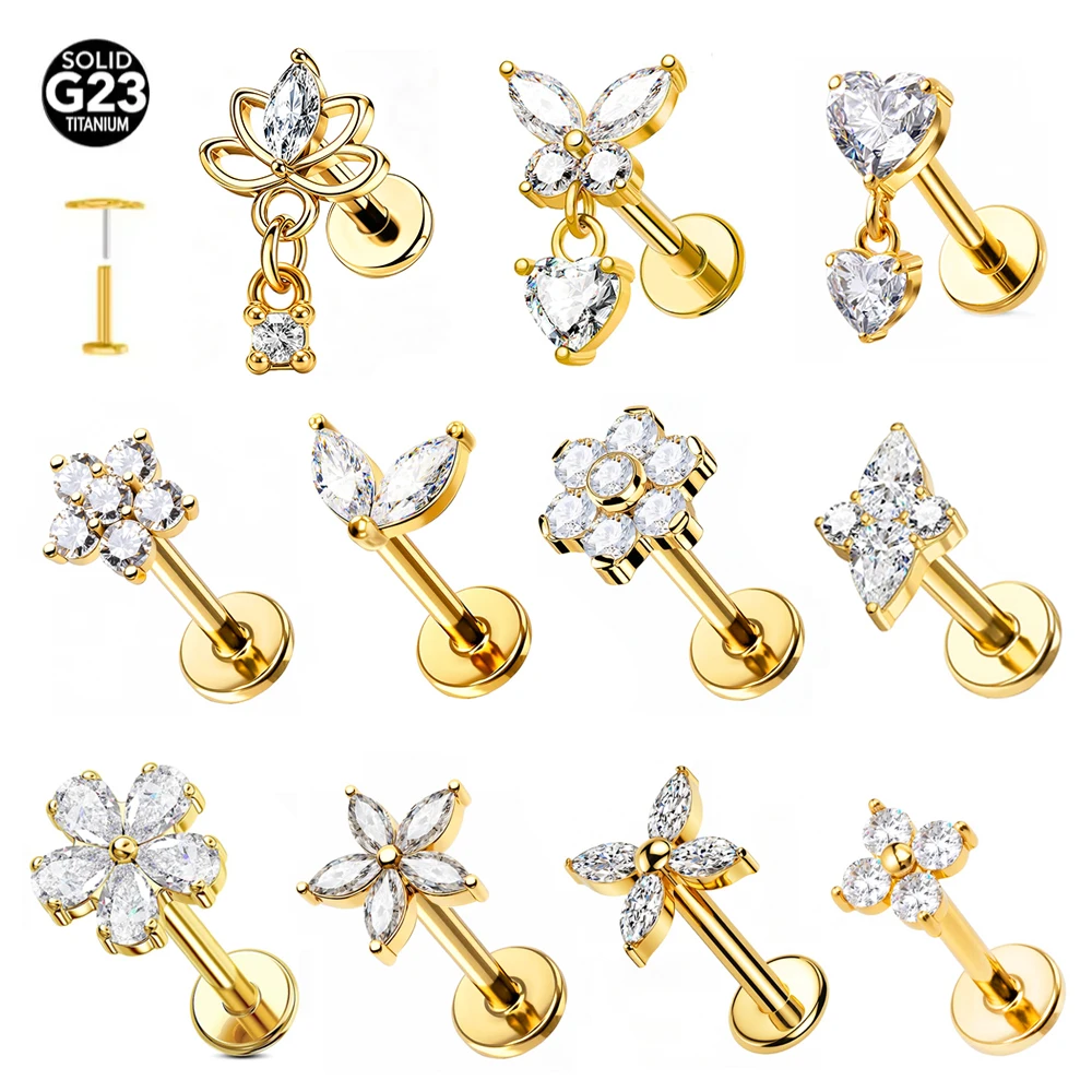 Flat Back Labret Stud - 1個入り バタフライハートペンダントピアスイヤリング G23チタン製 フラットバック プッシュイン フラワーラブレットスタッド