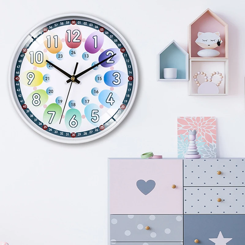 12 inch Wall Clock Kids Silent Clock Time Teacher Colorful Numbers Clock Easy To Read Hanging Watch Clock Living Room Home Decor