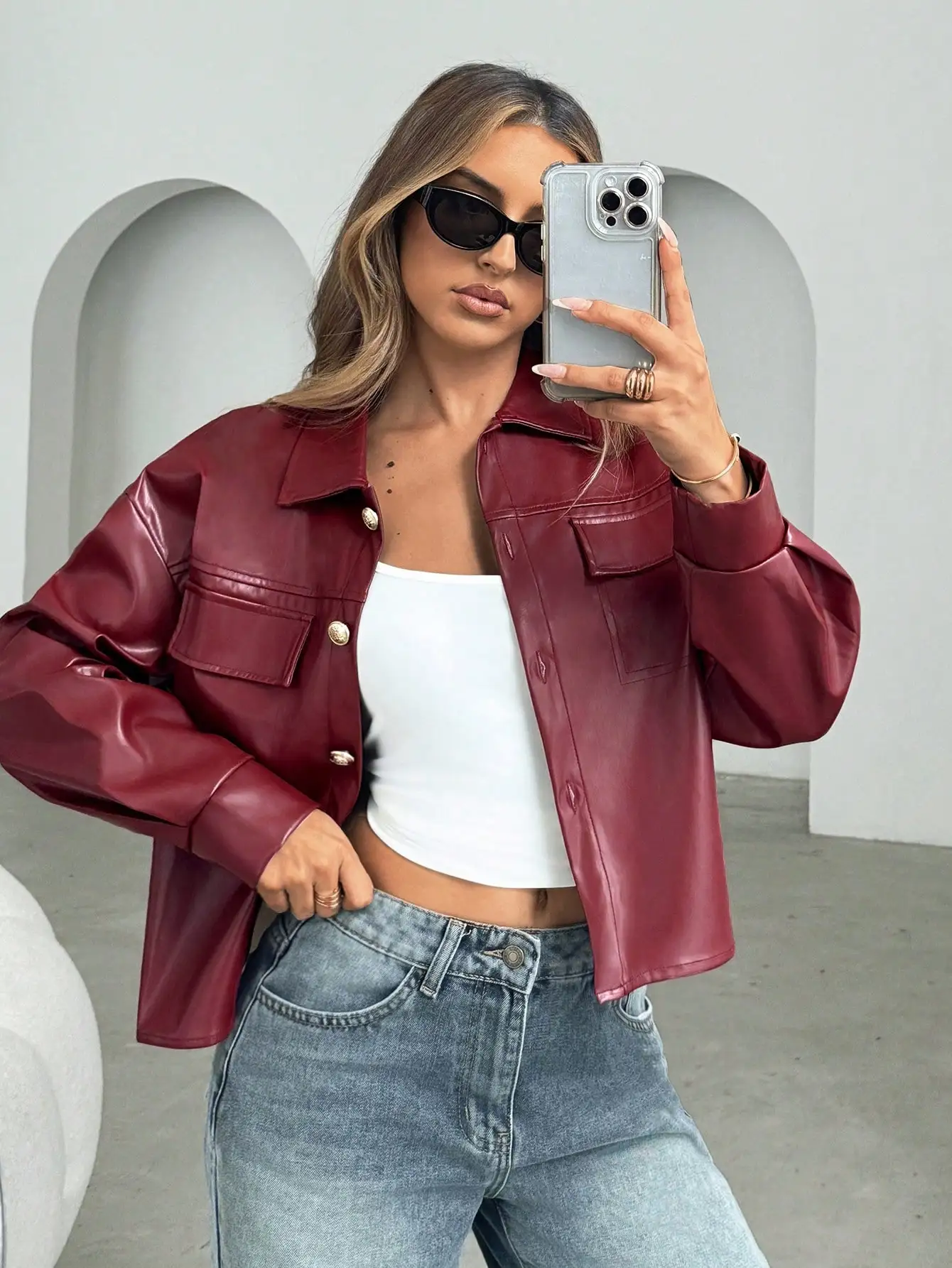 

Women's Burgundy PU Leather Cropped Jacket with Dolman Sleeves and Front Pockets, Casual Fall Style