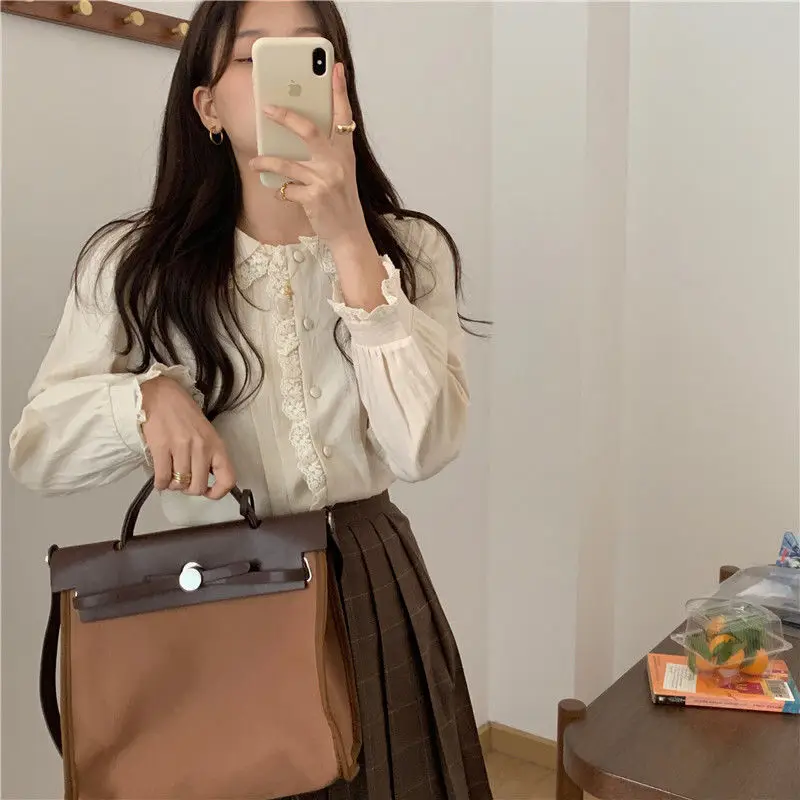 Shirts Women Peter Pan Collar Long Sleeve Kawaii Vintage Basic Clothes Casual Chic Elegant Streetwear New Arrival Fashion Autumn