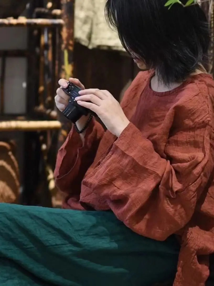 

Женская льняная рубашка свободного кроя с круглым вырезом, винтажная, с художественной текстурой, весенняя, с длинным рукавом, удобная