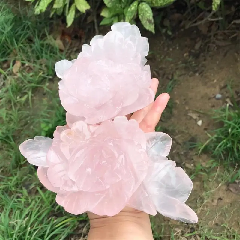 Natural Rose Quartz Peony Flower Carving Polished Crystals Crafts As Christmas Ornaments Gifts Or Home Decoration 1pcs