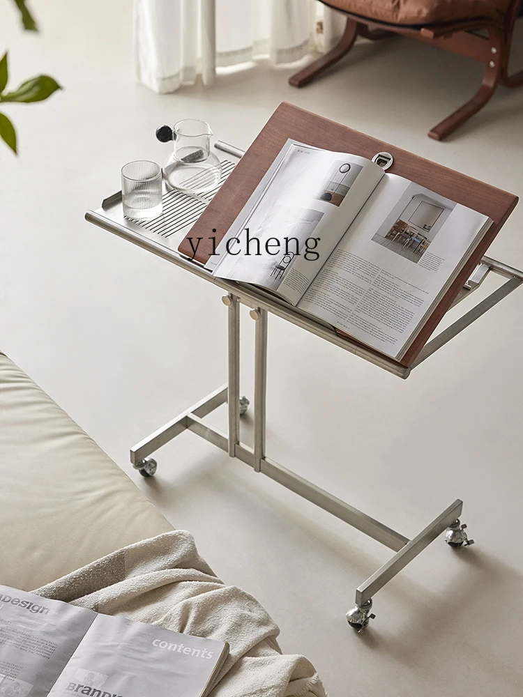 

ZYA home living room mobile solid wood trolley stainless steel edge sheet music rack can lift the table