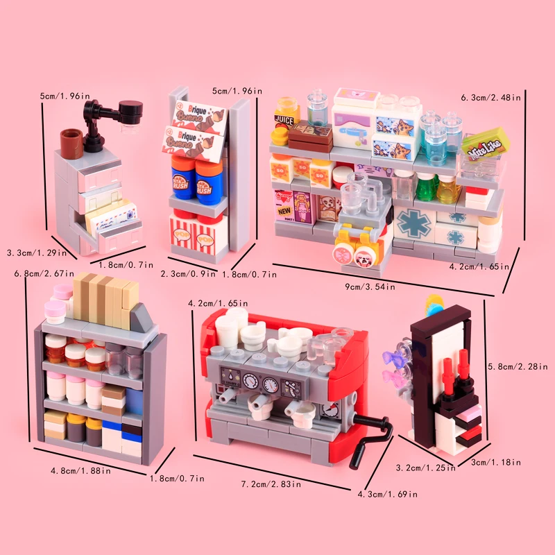 Supermarket Product Shelf Building Blocks Refrigerator Sewing Machine Checkout Counter Shopping Cart Storage Cabinet Bricks Toys