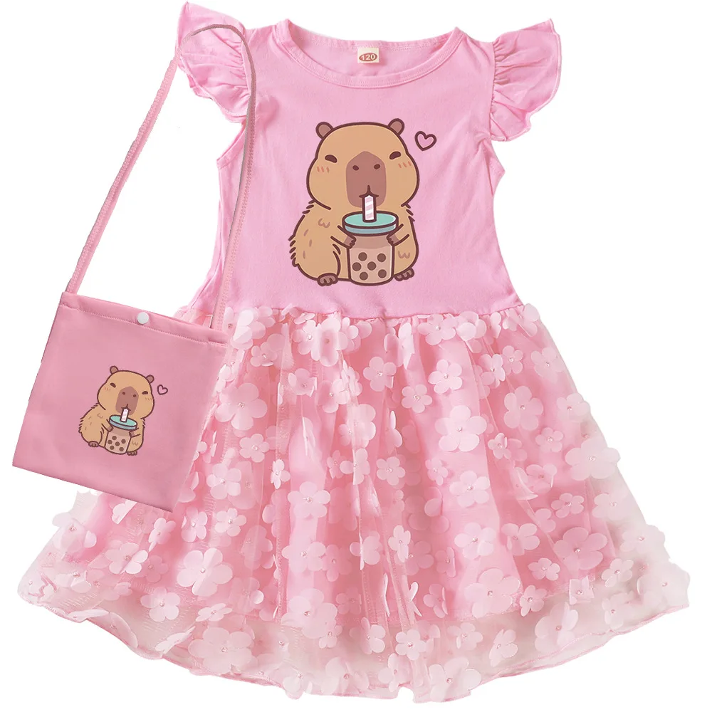 Cute Capybara Clothes Kids Wedding Party Lace Dress Baby Girls Short Sleeve Casual Dresses with Small Bag Children Vestido