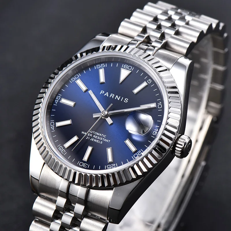 New Fashion Parnis 39.5mm Blue Dial Mechanical Automatic Men\'s Watches Stainless Steel Bracelet Calendar Men Watch reloj hombre