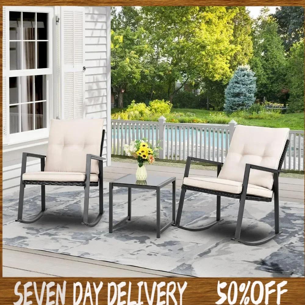 

Patio Chairs 3 Piece Wicker Rocking Chair Outdoor Bistro Sets with Coffee Table and Cushions Metal Frame Patio Furniture