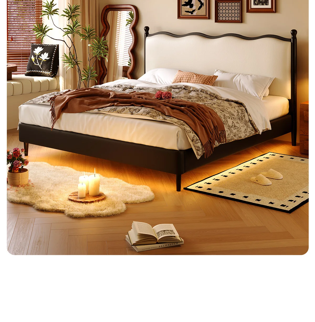 Tongyu spécial chambre principale noir 1.8m lit double petit appartement vague sac souple lit en cuir américain rétro bois massif cuir