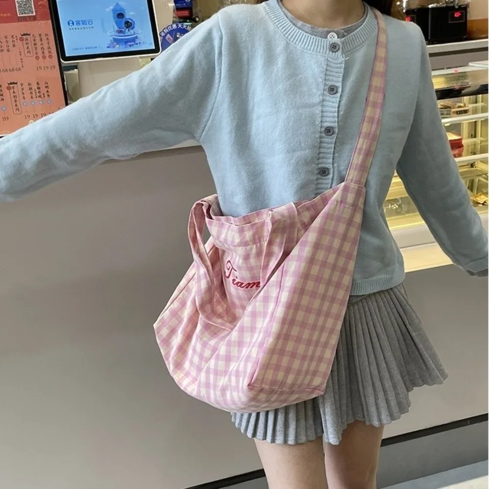 رسالة بسيطة منقوشة حقيبة كتف لون الحلوى الكورية نمط قماش حمل حقيبة محفظة حقيبة يد سعة كبيرة حقيبة كروسبودي المرأة #2