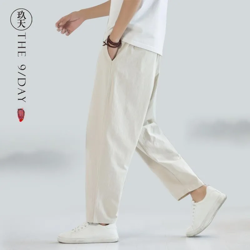 

Summer Casual Cotton Linen Men's Loose Fit Trousers Trendy Nine-Piece Straight-Harlen Long Pants Versatile Youth Active Sle