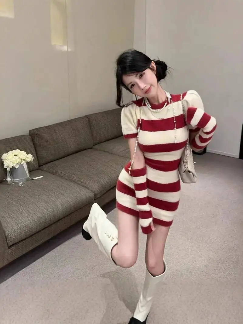 Doce mini vestido de malha camisola grossa picante menina moda vermelho branco retalhos listras puro desejo bonito vestido elegante nvv8