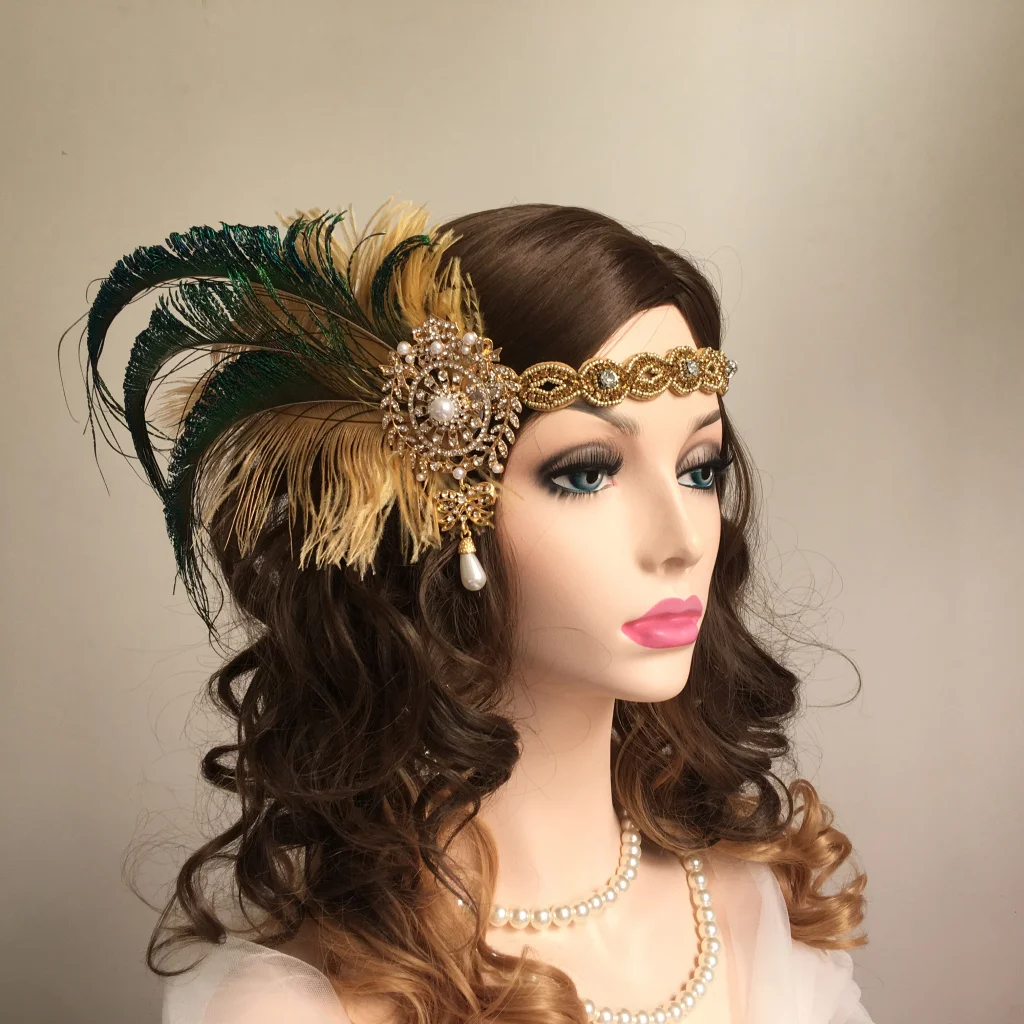 Gatsby Feather Headband for Woman Shiny Rhinestone Gold Beaded 1920s Gatsby Inspired Leaf Medallion Headband Forehead Decoration