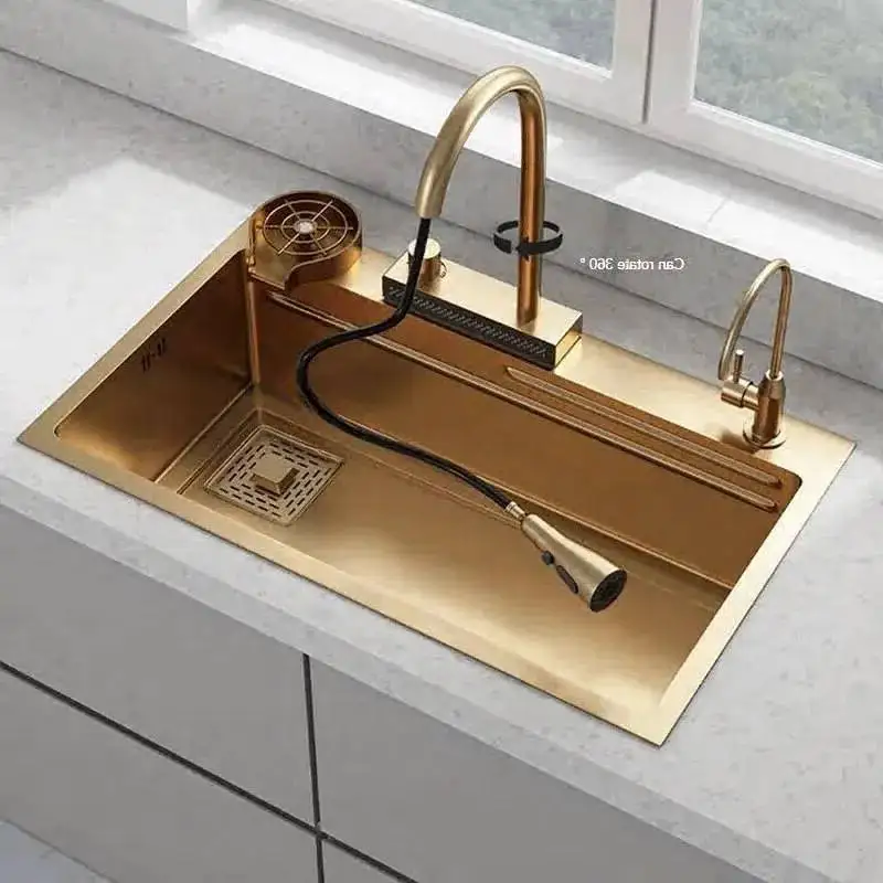 

with Metal Personalized Modern Beige Kitchen Sinks Gold Basket Sinks Minimalist Thickened for Smart Home Kitchen Sink for Hotel
