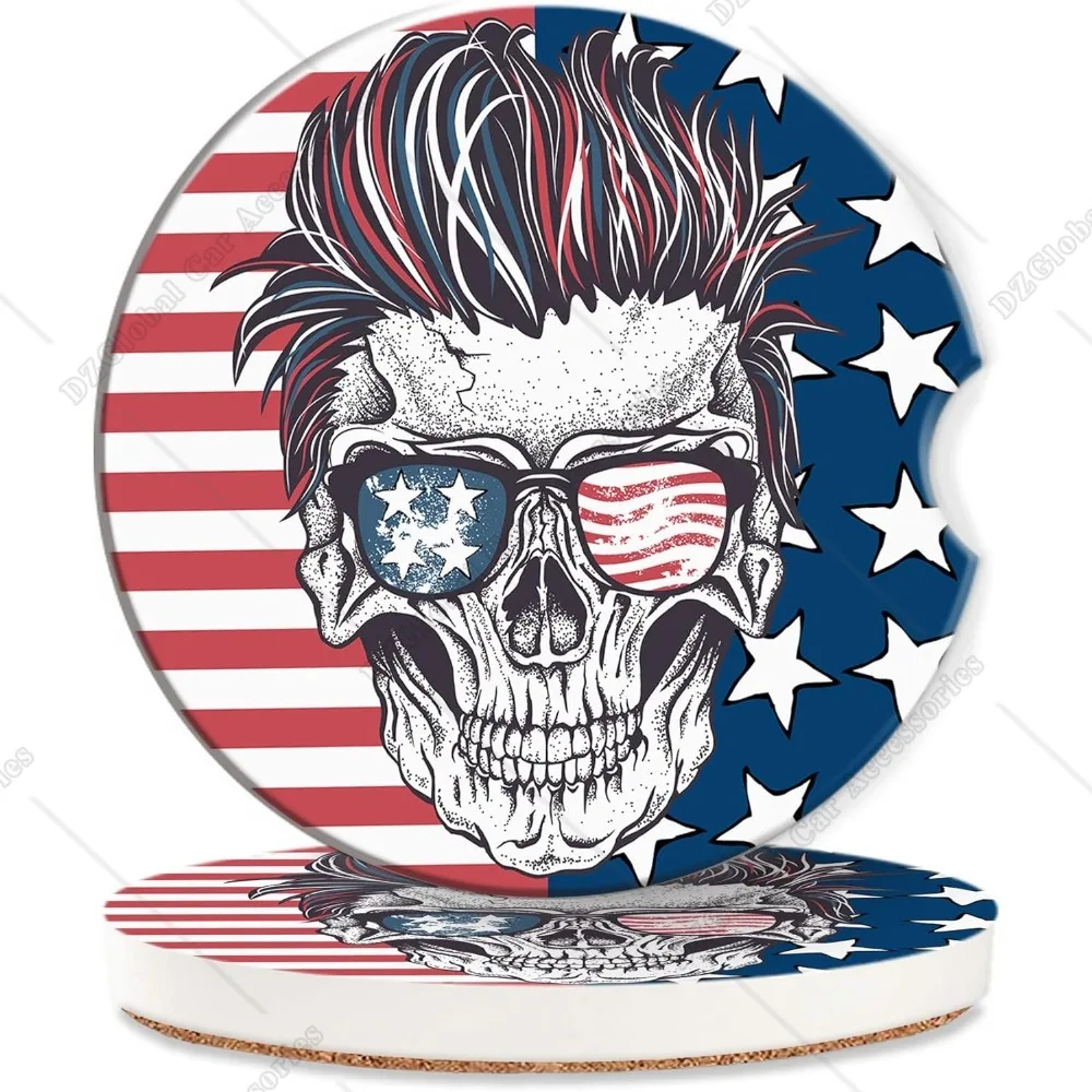 

American Flag Skull Car Coasters 2 Pack Absorbent Car Coasters for Cup Holders Ceramic Anti Slip with Finger Notch & Cork Base