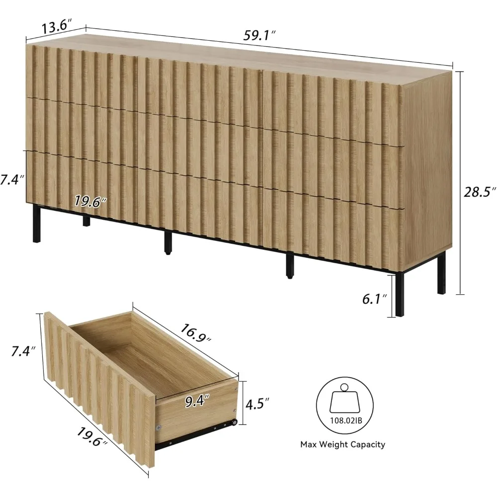 Modern 9 Drawer Dresser for Bedroom,59" Mid Century Modern Dresser,Fluted Dresser Natural Wood Dressers,Long Chest of Drawers