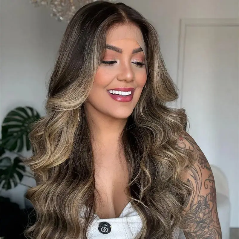 أومبير امرأة سمراء براون يسلط الضوء على الاصطناعية HD الدانتيل الجبهة الباروكات الطبيعية طويلة الجسم موجة شعر مستعار جاهز للشحن المصنع الأصلي شعر مستعار رخيص #3