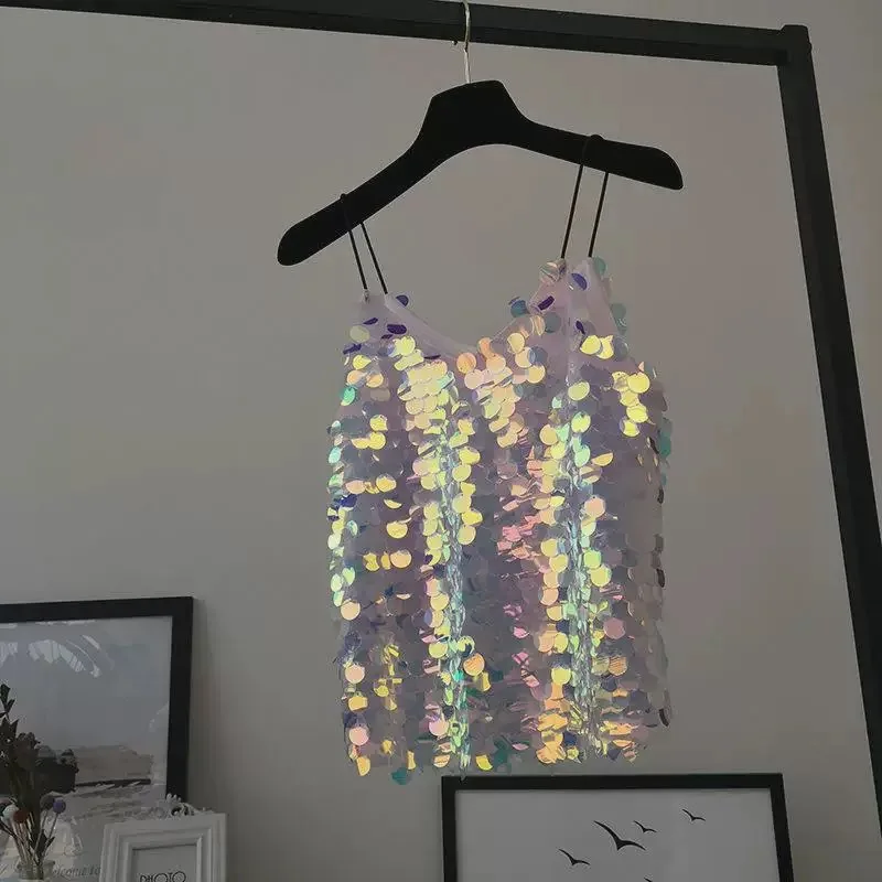 Modny Brokatowy Seksowny Top na Ramiączkach z Dekoltem w Serek na Występ Sceniczny, Urodziny, Imprezę, na Cienkich Ramiączkach