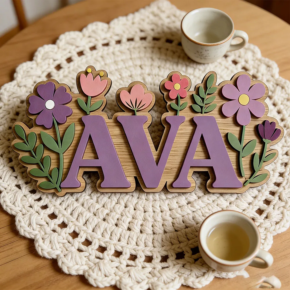 Custom 3D Flower Wreath Name Door Sign for Girls Bedroom Personalized Spring Floral Themed Wooden Nursery Plaque