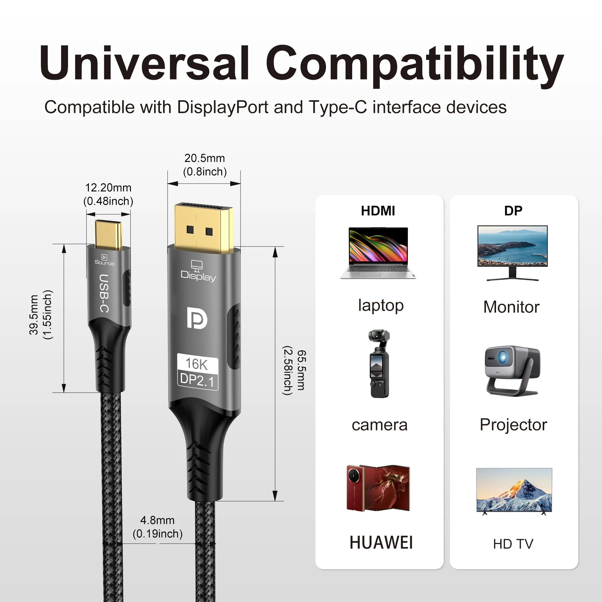 16K Type-C to DP 2.1 Cable  One-way transmission 16K@60Hz 8K@60Hz 4K@120Hz 80Gbps (DSC) For MacBook Pro/Air Laptop
