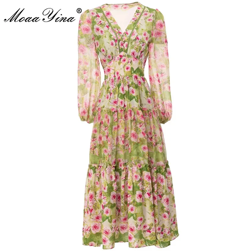 

MoaaYina Fashion Runway dress Summer Woman's Dress V-Neck Lantern Long Sleeve Flower Printing Vintage Vacation Dresses
