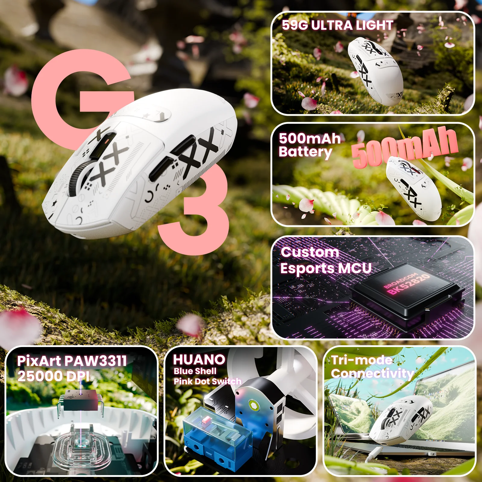 

Беспроводная игровая мышь ATTACK SHARK G3 с трехрежимным проводом/2,4 ГГц/BT, сверхлегкая, 25000 точек на дюйм, 1000 опрокидывания, PixArt PAW3311