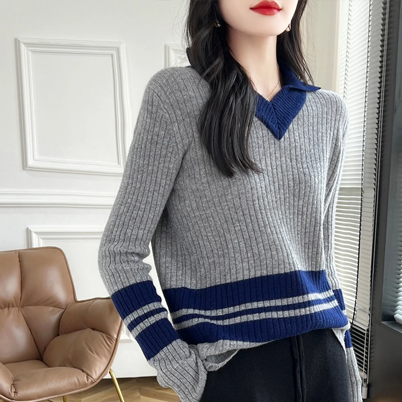 4-color 2024 new women's lapel pullover sweater, color blocked knitted slim fit exquisite women's long sleeved wool sweater