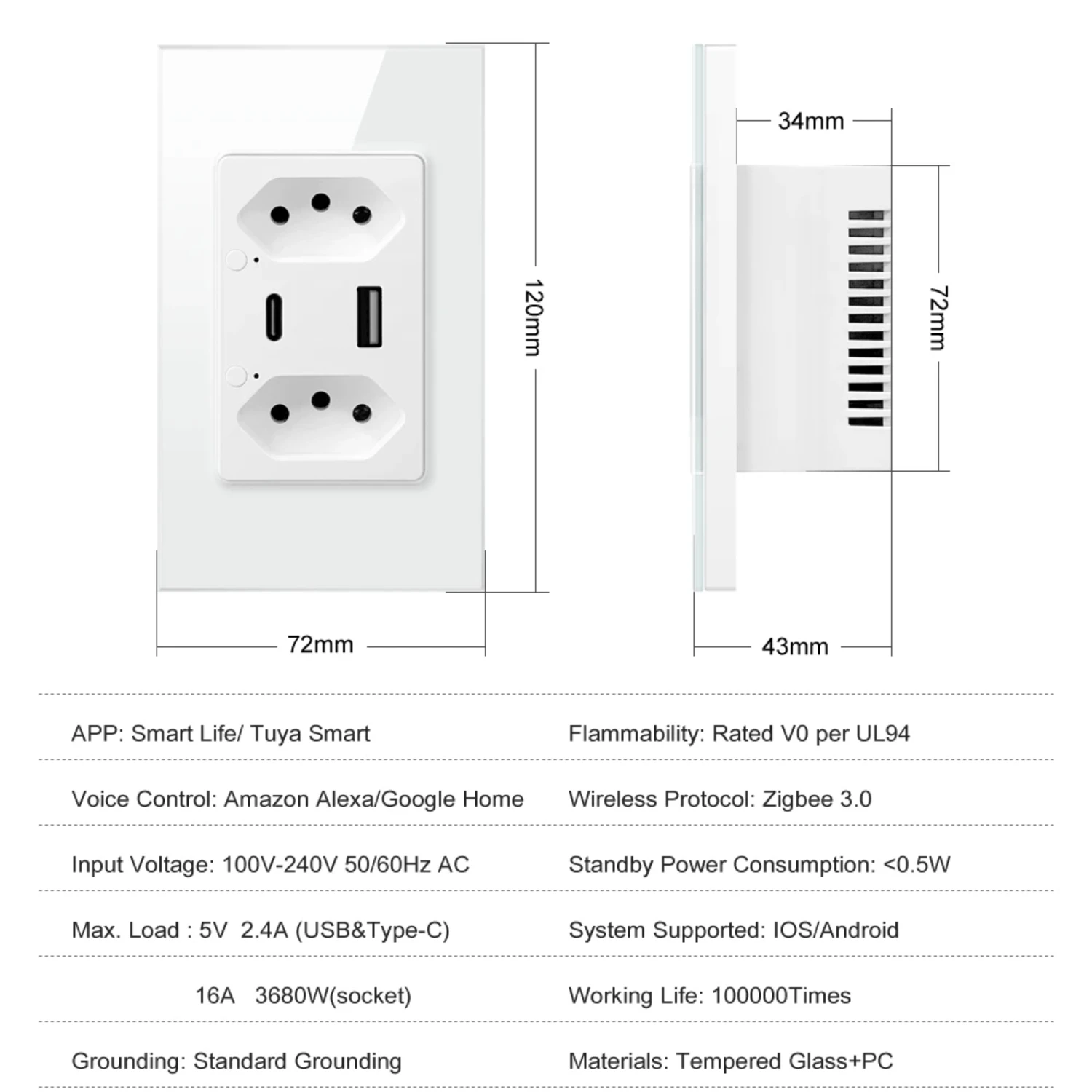 WiFi/ZigBee Brazil  Smart Wall Socket With USB/Type C Ports Power Outlet Fast Charger Works With   Alexa
