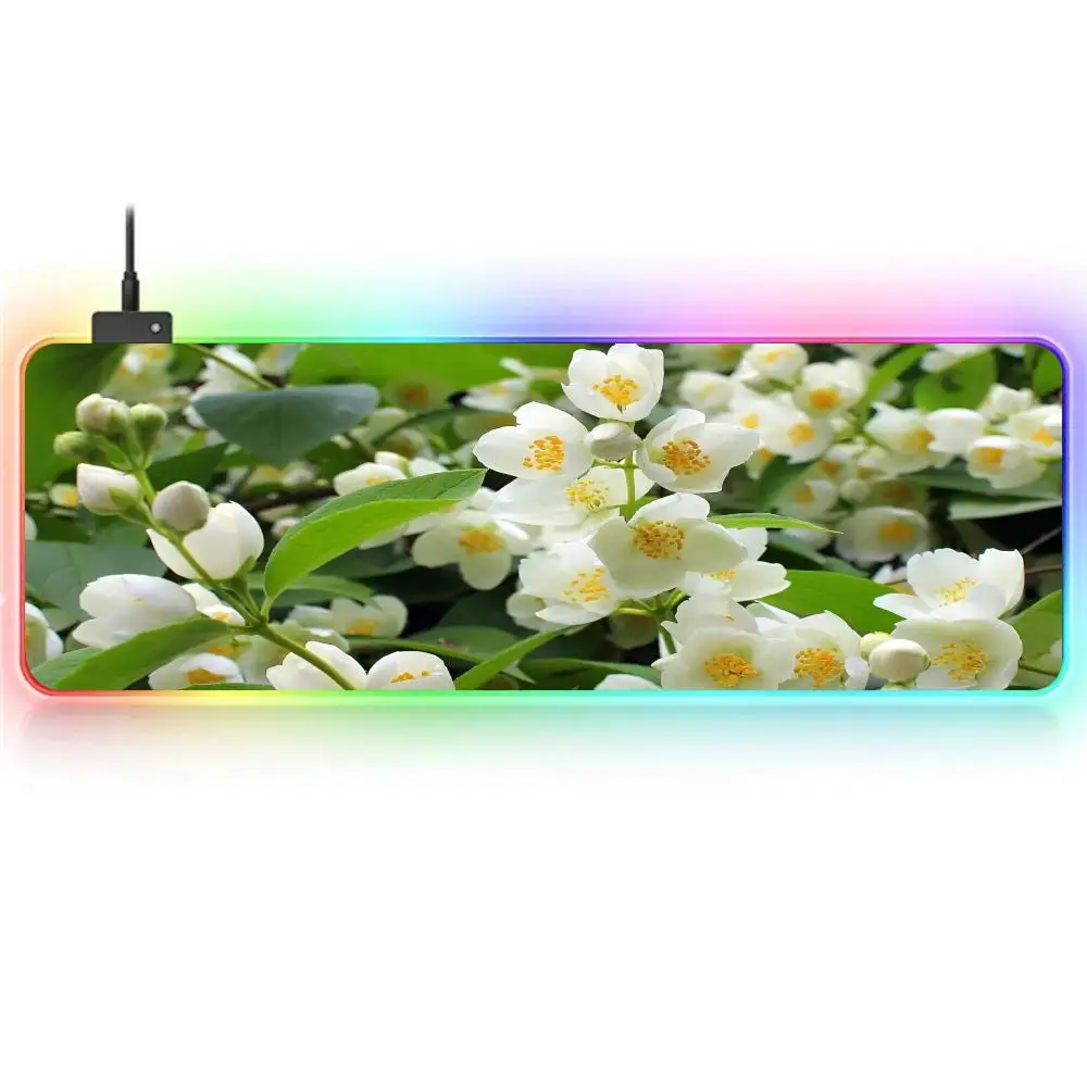 Jasmine flowers Mouse Pad RGB Large Gaming Mouse Pad Non-slip Rubber Base Keyboard Pad Extra Large Luminous LED Mouse Pad