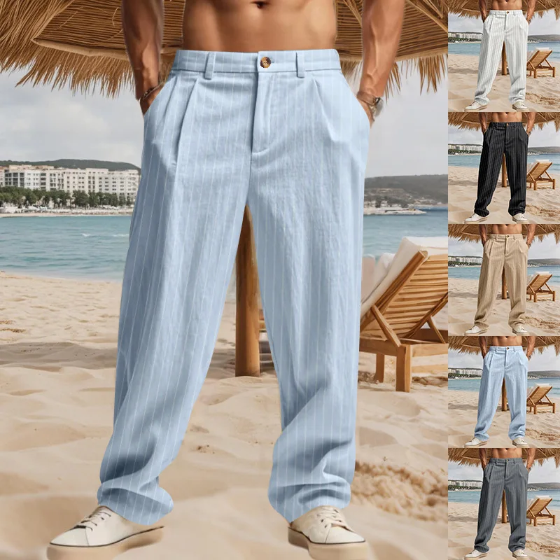 

spring autumn simple striped straight-leg pants high waist loose and versatile floor-mopping trousers casual suit trousers men