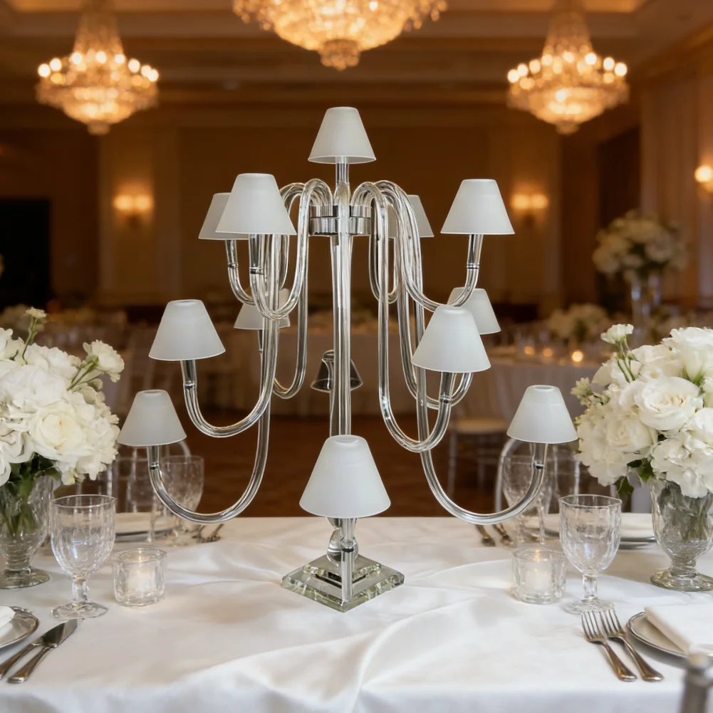 4pcs）wedding event decoration supplies. S-shaped polished wire 13-inch horn-shaped crystal pillar candlestick with frosted cove