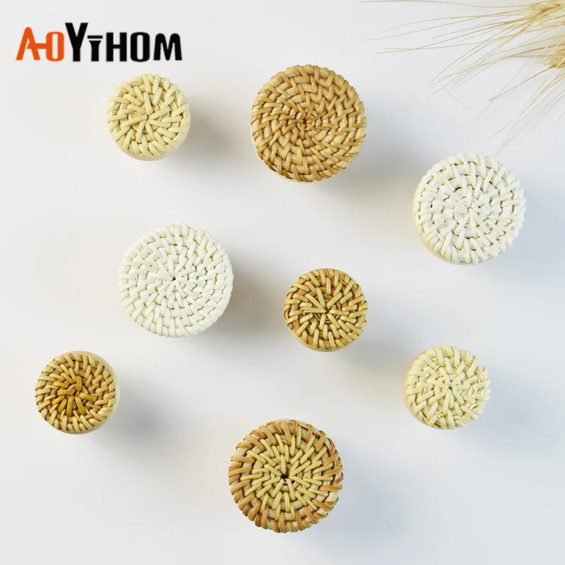 1Furniture Handle Wardrobe Wooden Handles Beech Rattan Drawer Knobs Kitchen Cupboard Door Handle Cabinet Dresser Pulls Hardware
