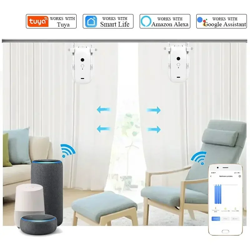 Bluetooth Smart Tuya Curtain Motor Opener Motorized Curtain System Automatic Electric Curtain Track For Roman Rod/T/U Track 3in1