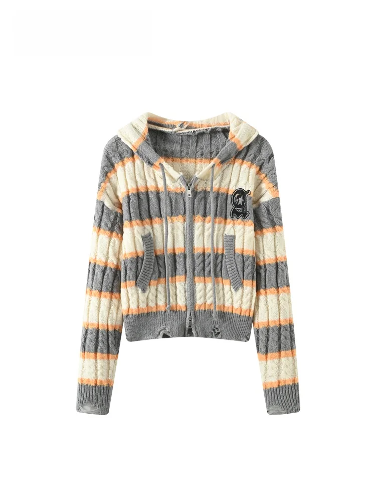 

plus Size Women's Retro Striped Knitwear Hoodie Conceal Meat Slimming Youthful Spring Faion plus Size Inner Wear Polyester ...