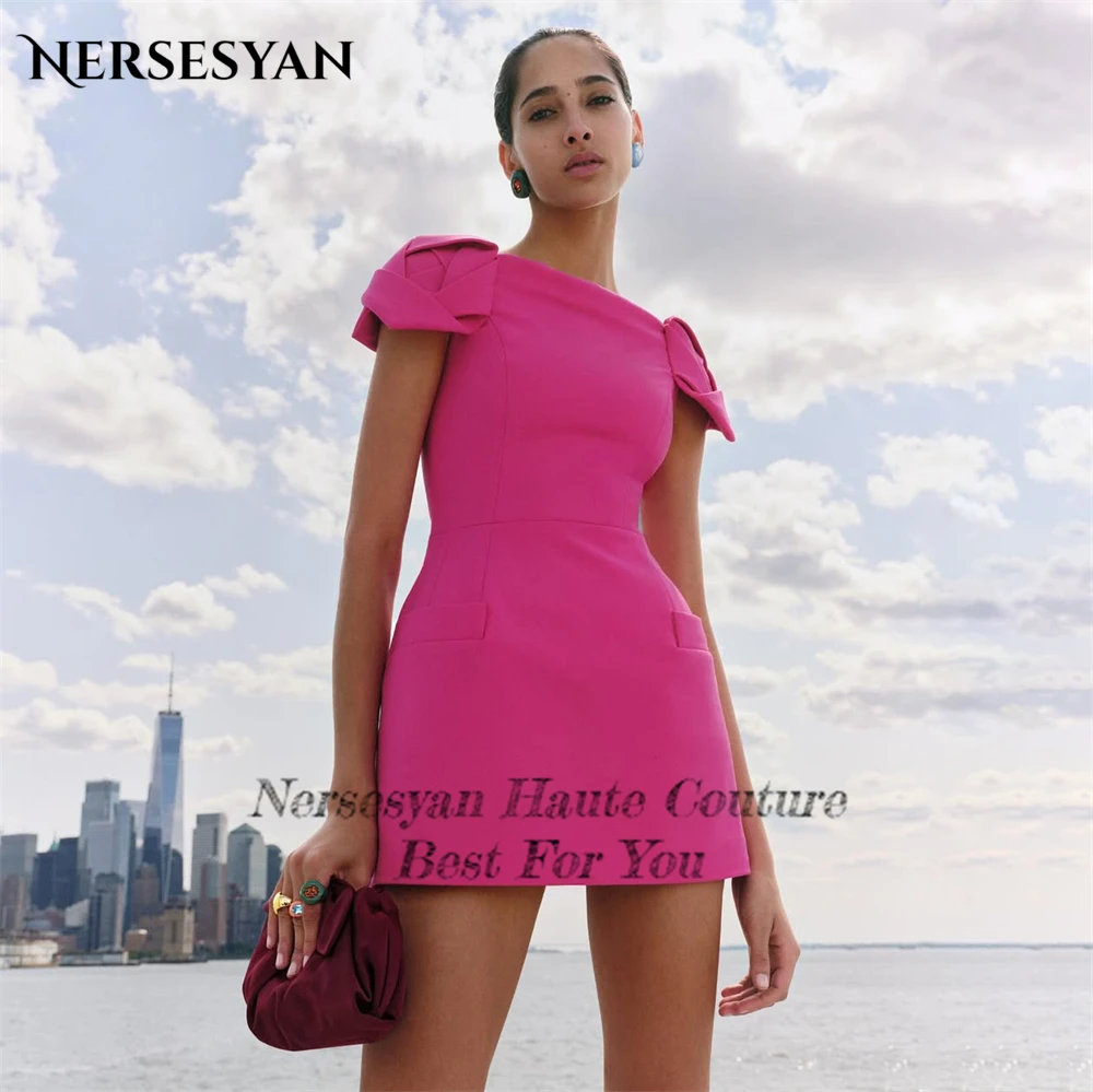 Nersesyan Fuchsia Satin Mini robes de soirée Cocktail plis manches poches une ligne robe de bal Satin Sexy robes de bal 2025 personnalisé