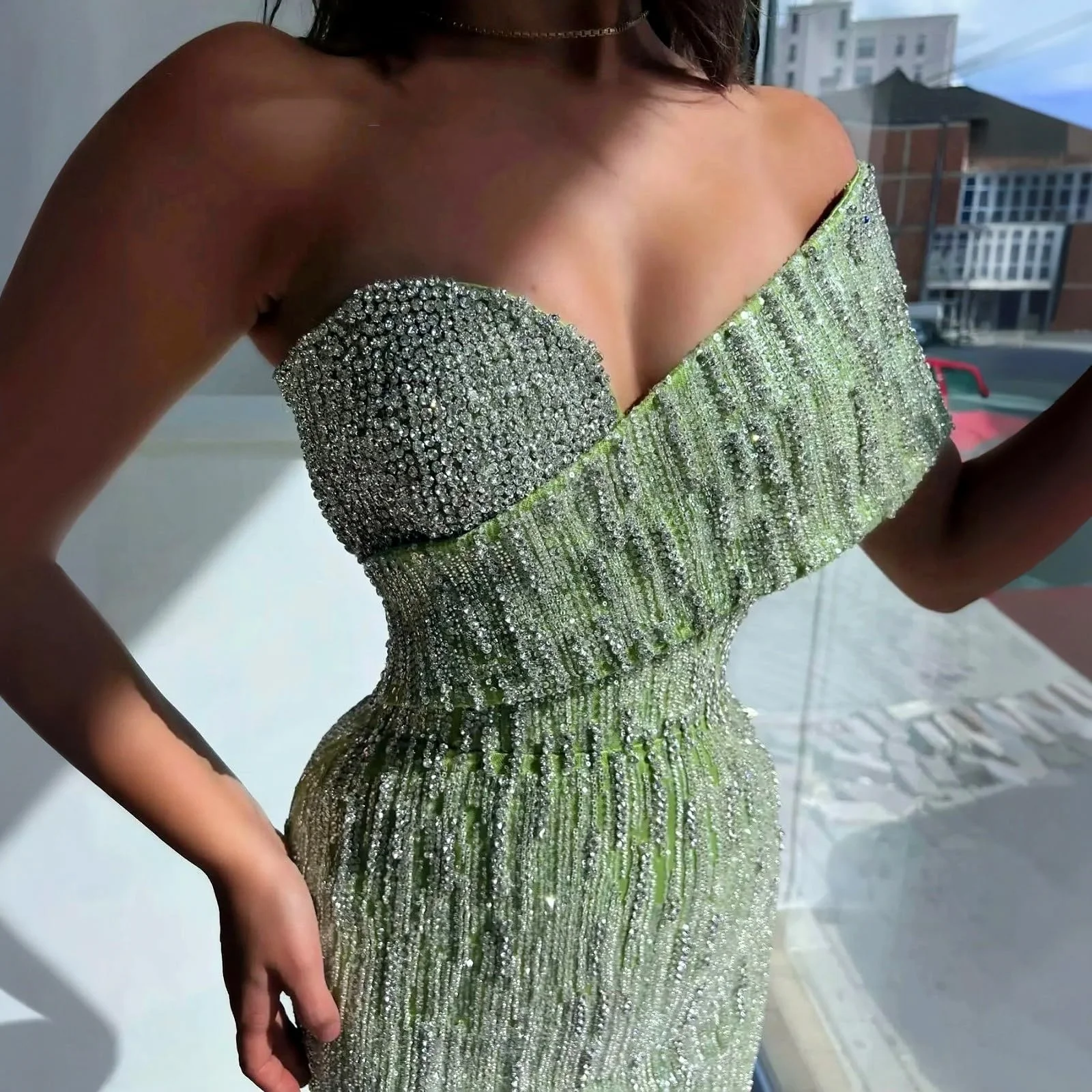 Асимметричное облегающее платье на плечах со стразами Яблочно-зеленое длинное бальное платье для банкета, свадьбы, вечеринки, настраиваемое