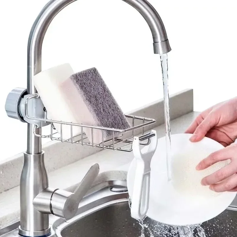Kitchen Sink Faucet Shelf Stainless Steel Sponge Holder Adjustable Sink Faucet Dishcloth Towel Storage Rack Wall Mounted Racks