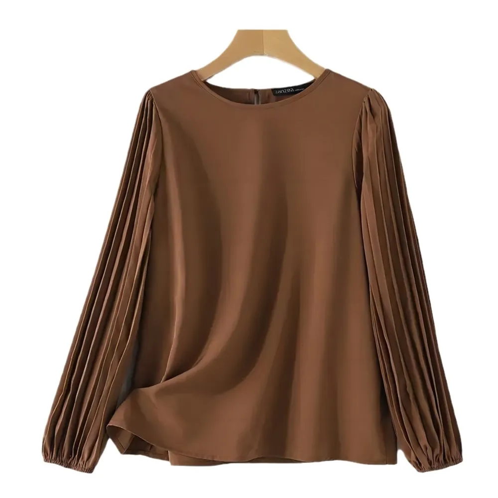 Elegant Office Lady Shirt 2024 Autumn Women Pleated Long Sleeve Shirt Fashionable Round Neck Retro Solid Color Casual Blouse Top