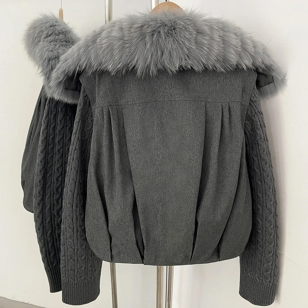 OFTBUY Wintermantel mit echtem Fuchspelzkragen, Damenjacke mit Reißverschluss, Daunenjacke, Damenjacke mit Strickärmeln, kurze Pufferjacke, dicke, warme Oberbekleidung. – Detail 12