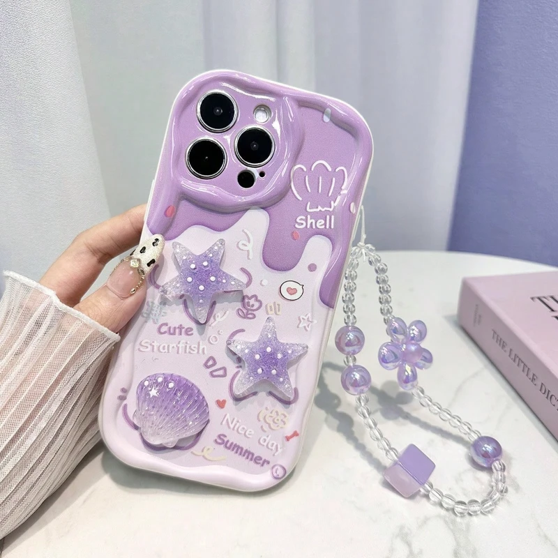 Cute Purple Starfish Wavy-edge Phone Case For iPhone 17 Pro 16 15 14 13 12 11 Pro Plus 16E 17E With Flower Lanyard Soft Cover