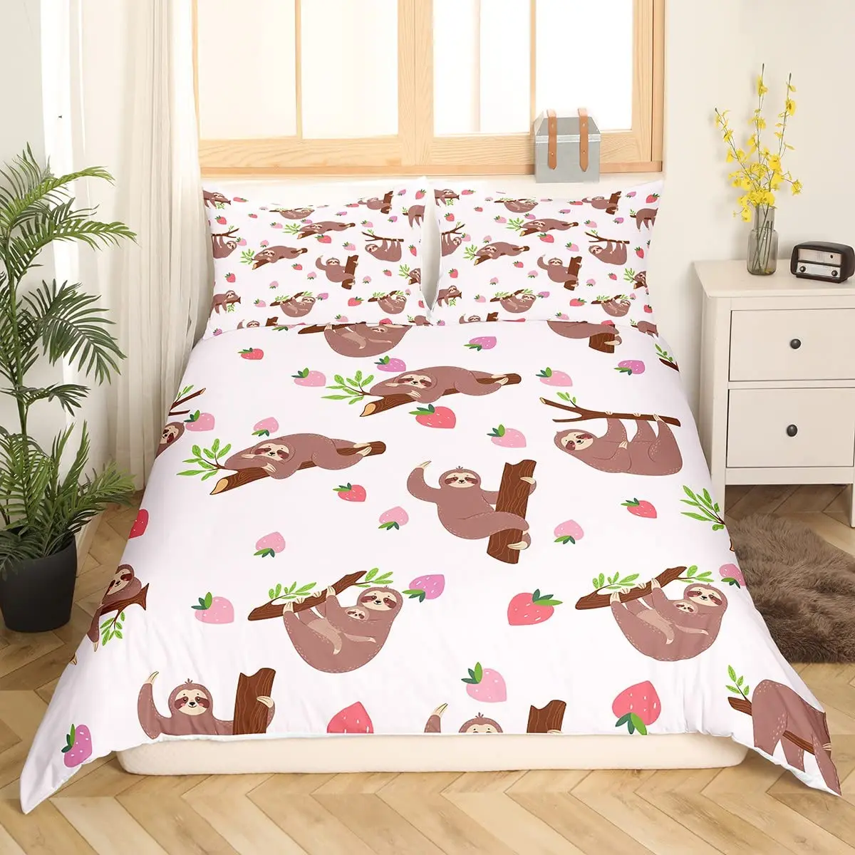 Cute Sloth Duvet Cover Set Twin King Cartoon Sloth Print Comforter Cover For Boys Girls Lovely Wild Animal Bedding Set 2/3 Piece