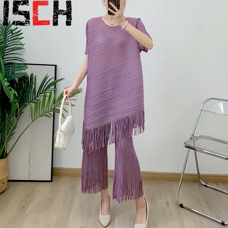 

Pleats Pleated Solid Color Fringe Short Sleeve T-shirt+casual Straight Pants Two-piece Set High Elastic Women Pleats Pants Suit