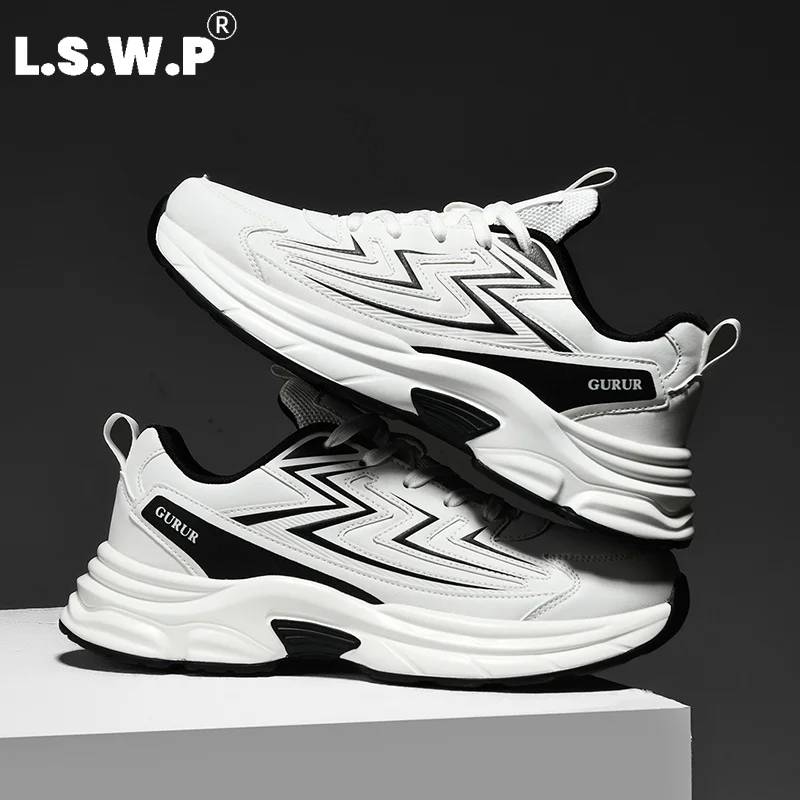 Zapatillas de running para hombre, zapatillas deportivas de estilo retro, zapatillas de cuero con diseño de bloques de color, suela gruesa, que aumentan la altura, con amortiguación, antideslizantes, resistentes al desgaste, zapatillas de running informales, ideales para ir al trabajo, caminar, viajar, hacer ejercicio, zapatillas de hombre versátiles y de moda.