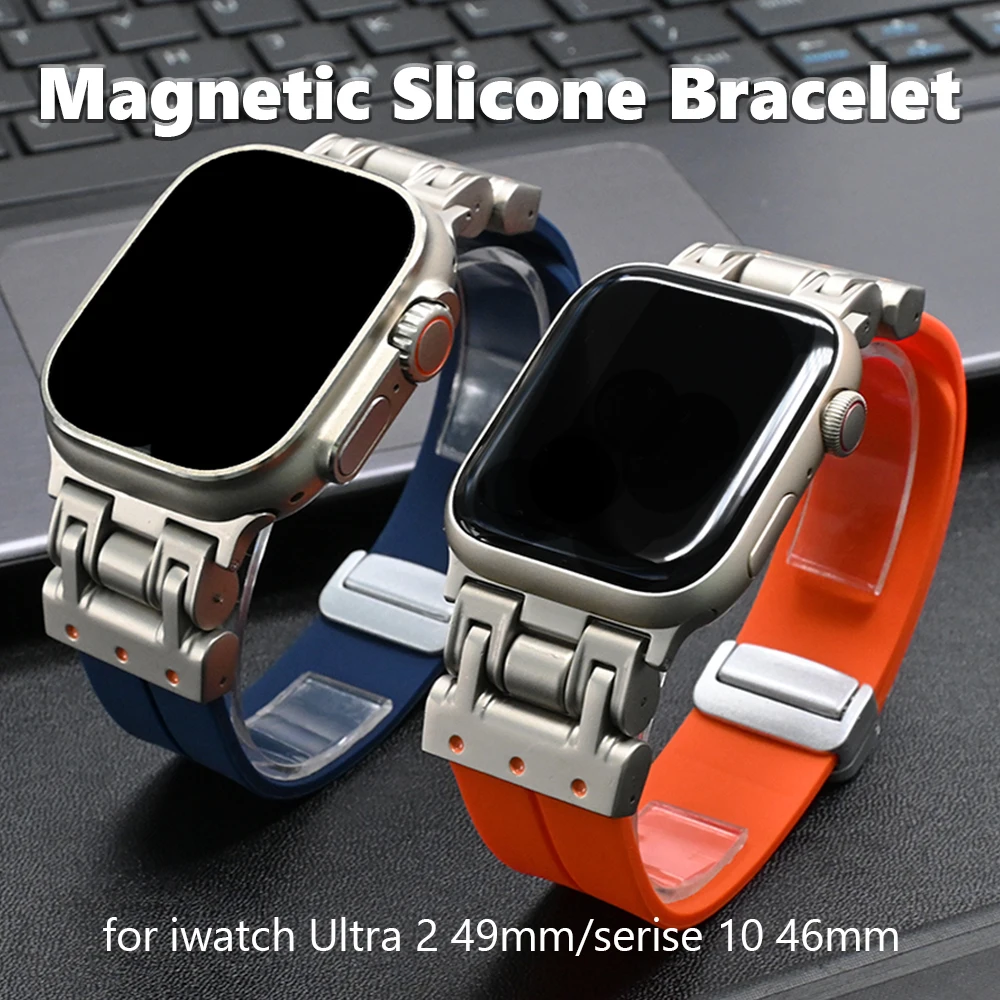 Спортивный силиконовый браслет для Apple Watch Ultra2 49 мм 10 46 мм, мягкий ремешок с магнитной пряжкой для iWatch Series 9 8 7 6 5 45 мм 44 мм