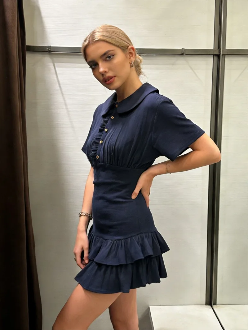 

Платье, модное новое летнее винтажное мини-платье с оборками, женское облегающее короткое платье с рюшами на плечах и кукольным воротником, платья