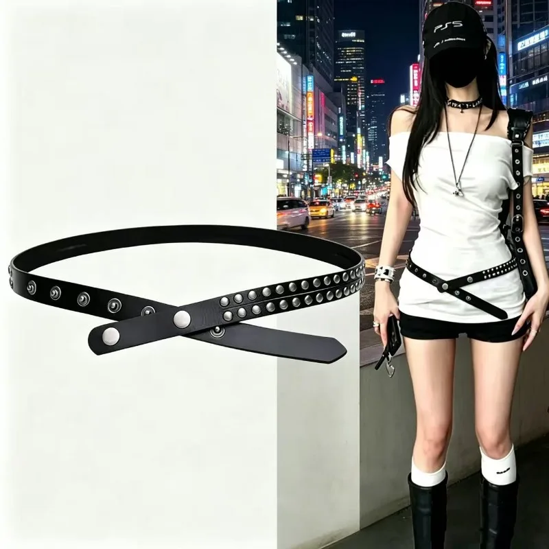 

New Punk Rivet Y2k Belt Thin PU Leather Waist Strap for Women Gothic Thin Metal Buckle Belts for Jeans Dresses Skirts Waistband
