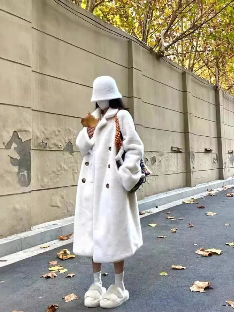 

Осенне-зимнее утепленное теплое длинное пальто с воротником из искусственного кроличьего меха, высококачественное бутиковое двубортное пальто с длинными рукавами