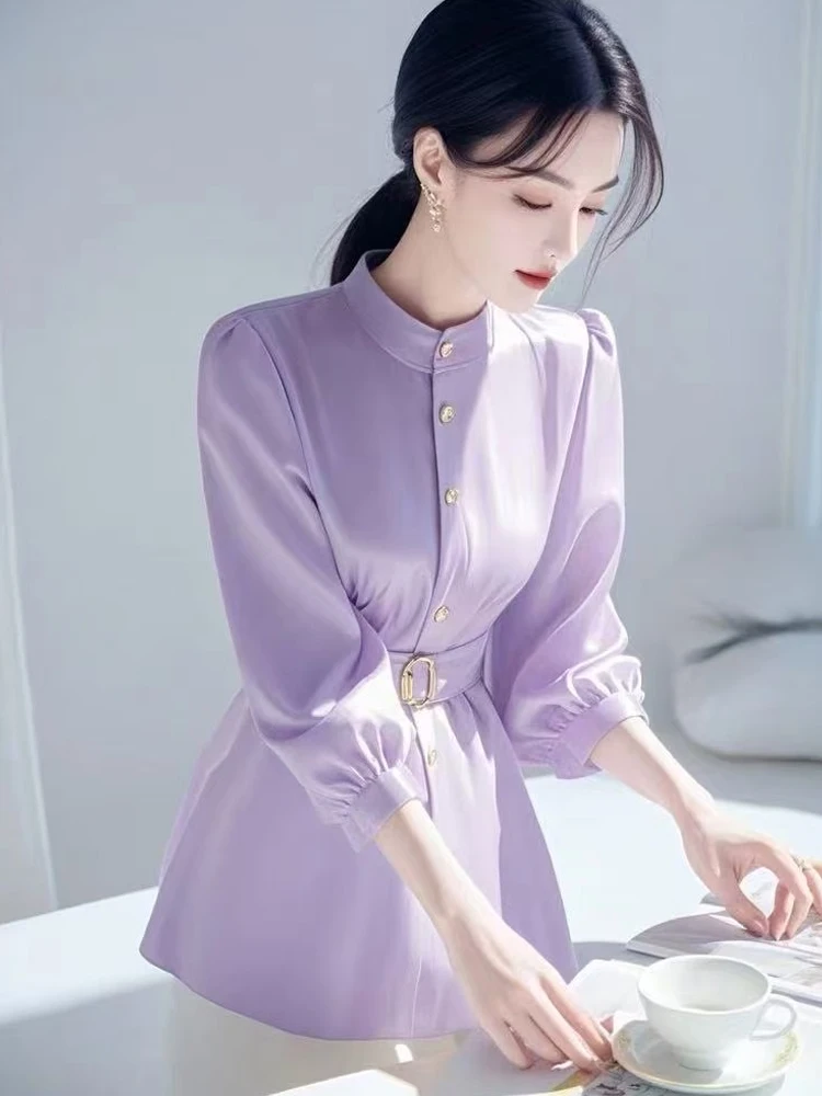 

Sli Acetate Satin Chiffon Women's irt Button round Ne Svel Ele Korean Sle Commute Straight Cut Long Sve